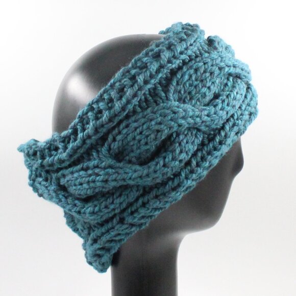 Handmade Hand Knit Chunky Cable Knit Acrylic Teal Blue Green Ear Warmer Headband - Picture 2 of 7